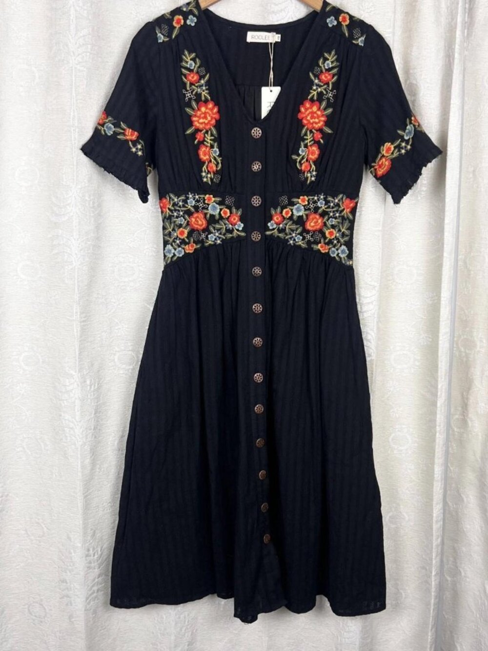 Roolee Ithaca embroidered midi shirt dress black nursing friendly cotton NEW - Picture 2 of 11